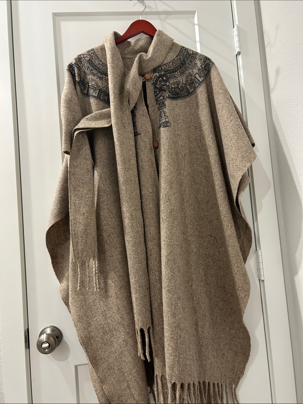 Fringed Wool-Blend Cape with Printed Yoke - Beige